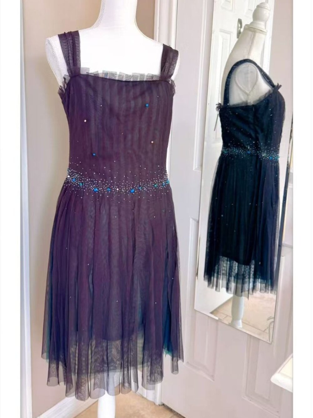 BCBGMaxazria beaded waistline teal tulle party dress size 12